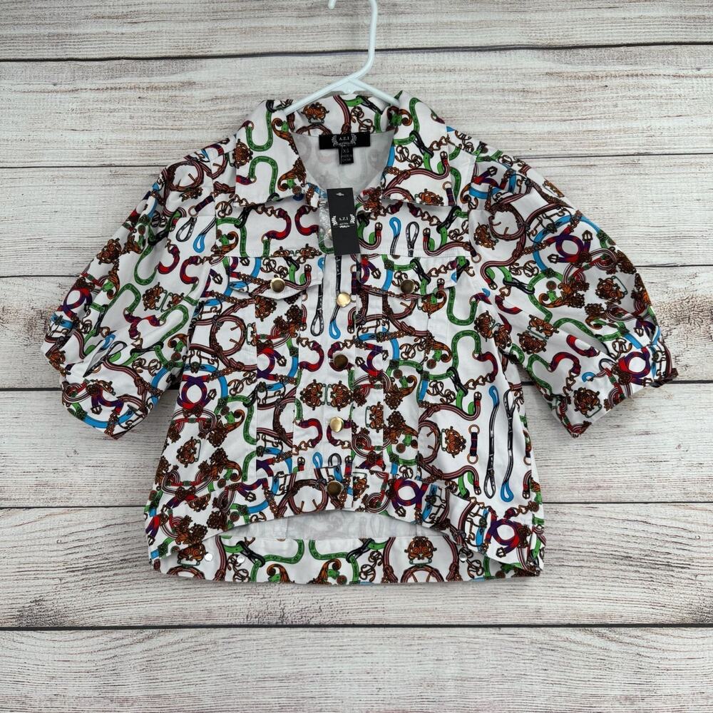 A.Z.I. New York Pretty‎ Please Chain Print 1/2 Sleeve Jacket Womens XS White NEW